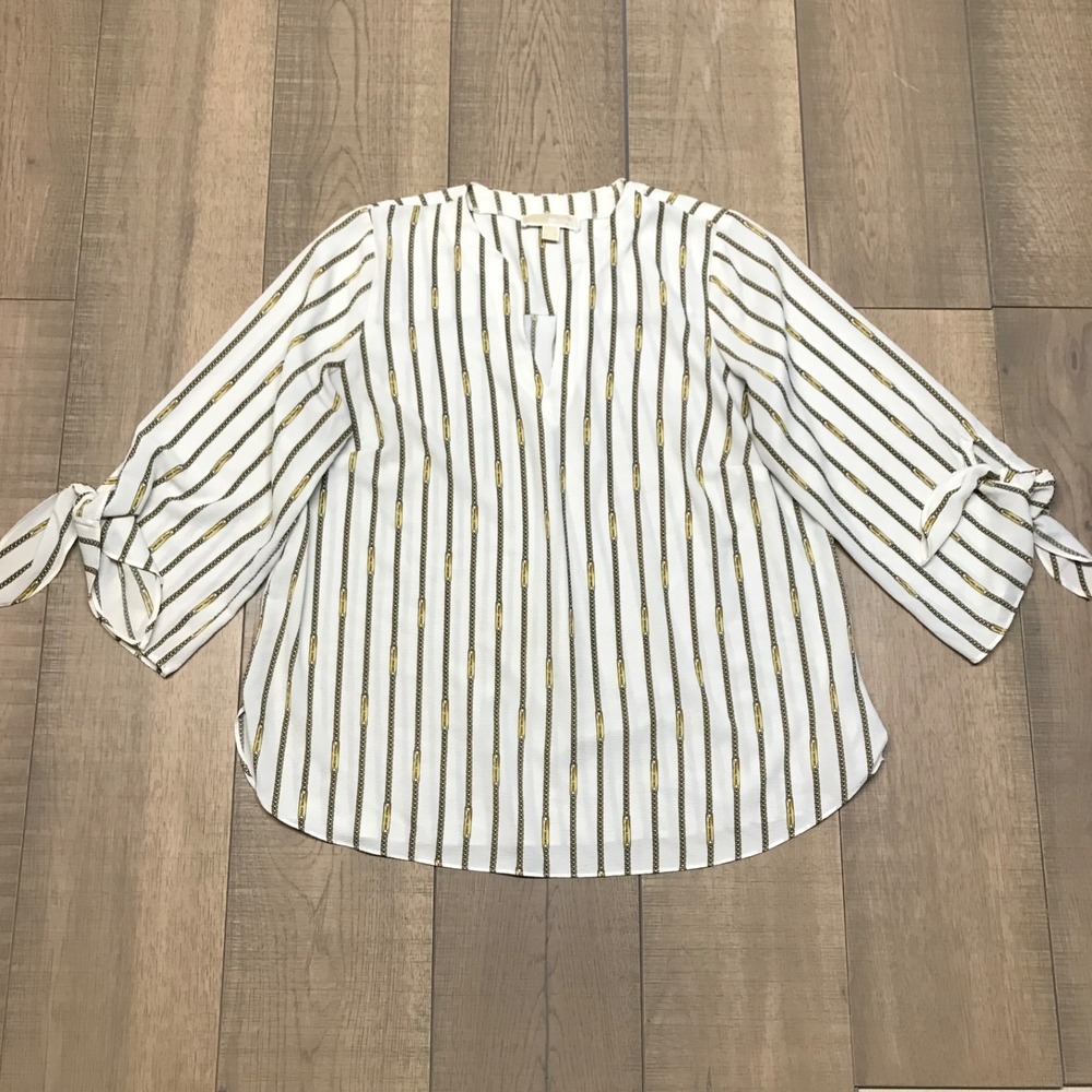 Michael Kors Top Shirt Blouse Womens‎ Size 1X Beige Gold Chain Print V-Neck